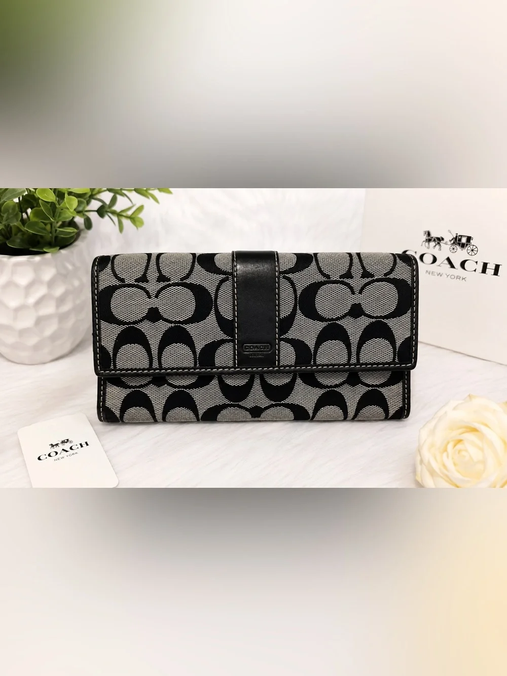 Vintage Coach Gray and Black Signature Trifold Wallet